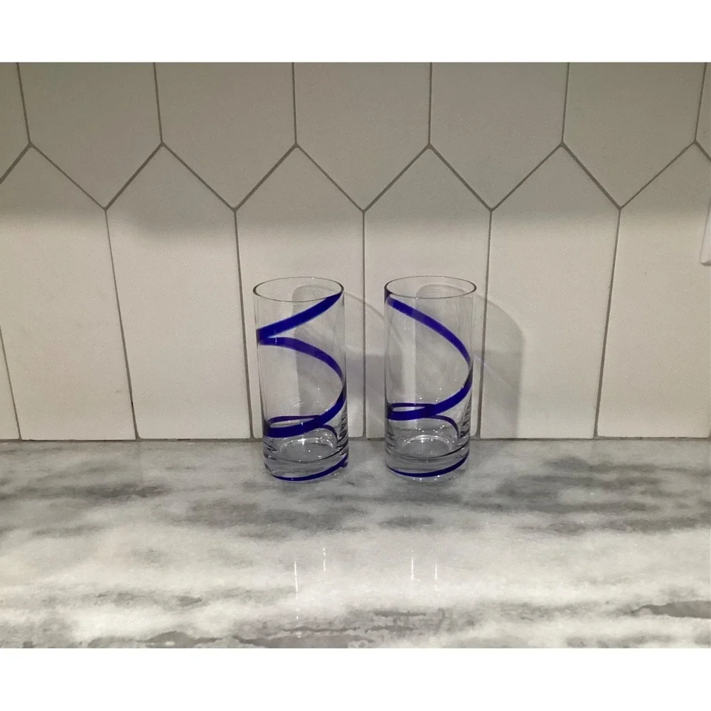 Pier 1 Blue Swirl Line Highball Glasses Tumblers Cobalt Blue Swirl Set of 2